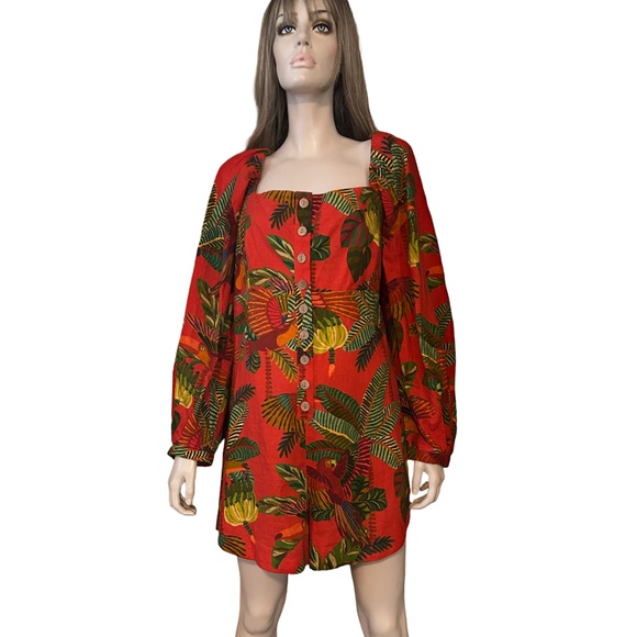 Anthropologie Farm Rio Red Forest Birds Romper Playsuit Linen Tiki Bold Print - Picture 6 of 16